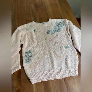 Vintage 80’s Pink Sweater w Lace, Pearl, Floral Tapestry Appliqués Size M